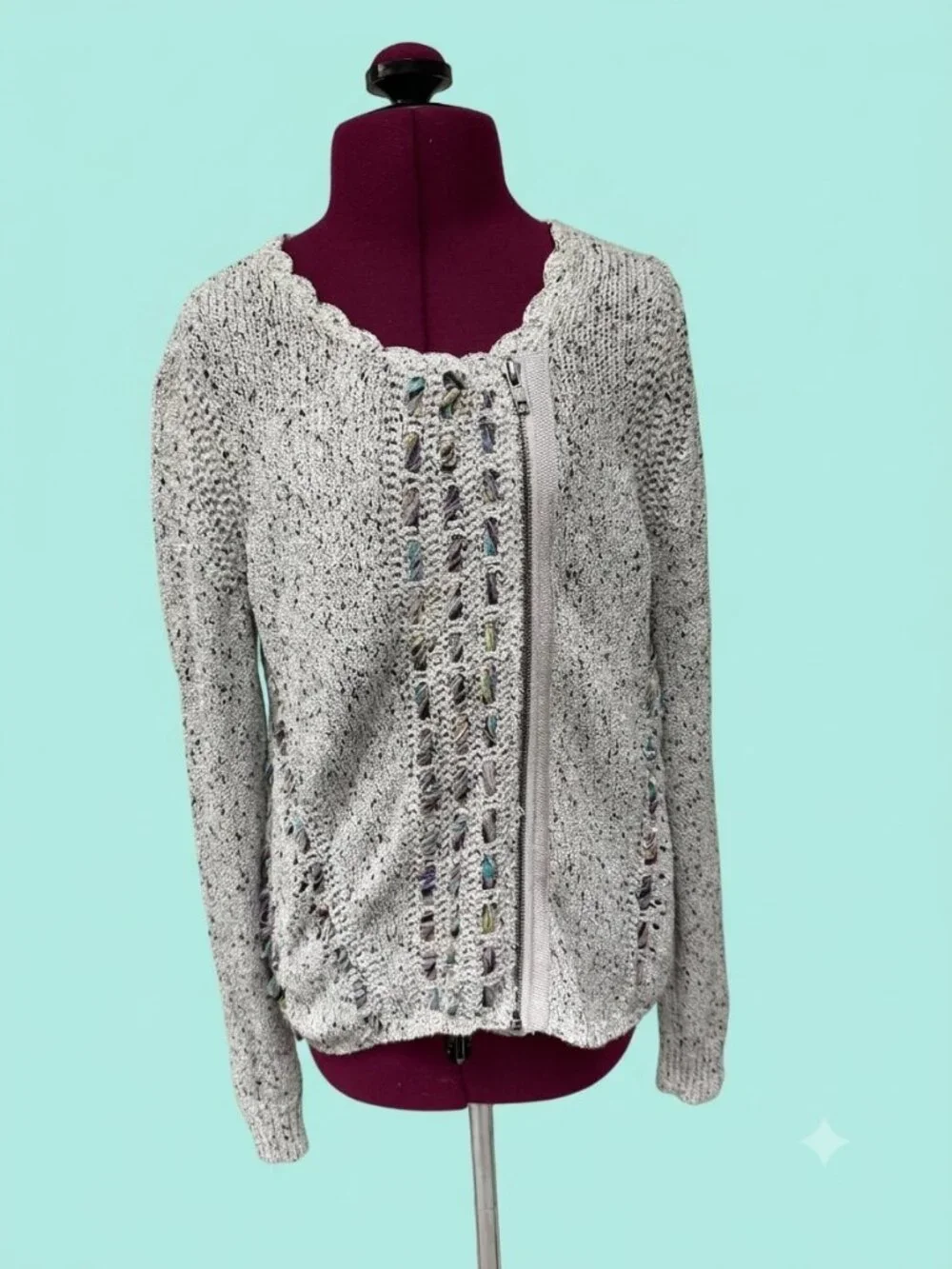 Knitted & Knotted Open Weave Zippered Cotton Cardigan with Ribbon Detail Size S